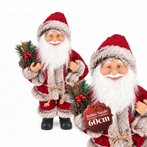 Decoratieve kerstman van 60 cm met dennentak en kerstversieringen – gedetailleerd kerstbeeld in 4 varianten: rood, eskimo, wit, grijs