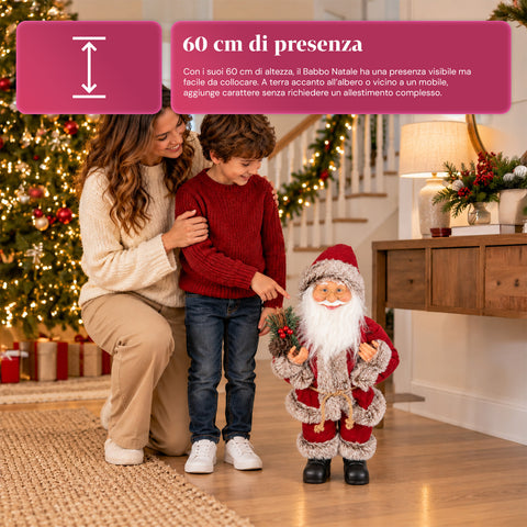 Decoratieve kerstman van 60 cm met dennentak en kerstversieringen – gedetailleerd kerstbeeld in 4 varianten: rood, eskimo, wit, grijs