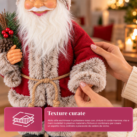 Decoratieve kerstman van 60 cm met dennentak en kerstversieringen – gedetailleerd kerstbeeld in 4 varianten: rood, eskimo, wit, grijs