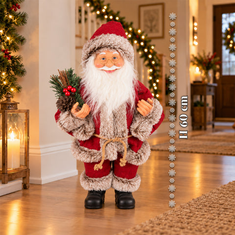 Decoratieve kerstman van 60 cm met dennentak en kerstversieringen – gedetailleerd kerstbeeld in 4 varianten: rood, eskimo, wit, grijs