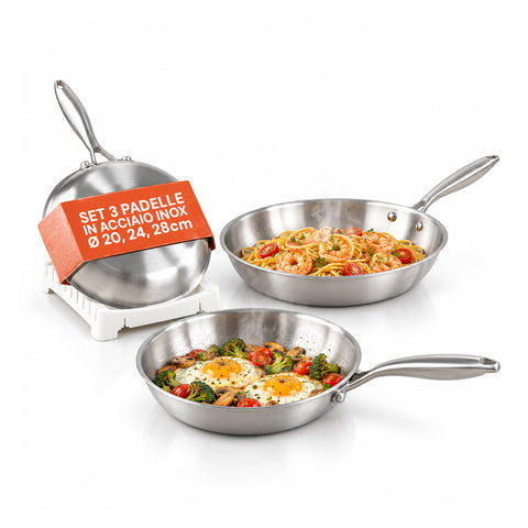 Set van 3 roestvrijstalen Tri-Ply-pannen 20-24-28 cm | Geschikt voor inductie en alle kookplaten, en voor gebruik in de oven