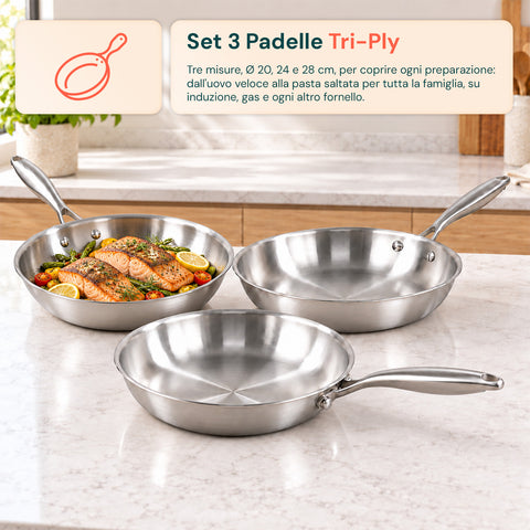 Set van 3 roestvrijstalen Tri-Ply-pannen 20-24-28 cm | Geschikt voor inductie en alle kookplaten, en voor gebruik in de oven