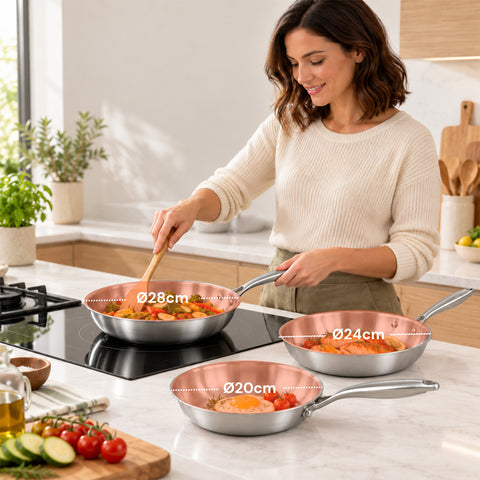 Set van 3 roestvrijstalen Tri-Ply-pannen 20-24-28 cm | Geschikt voor inductie en alle kookplaten, en voor gebruik in de oven