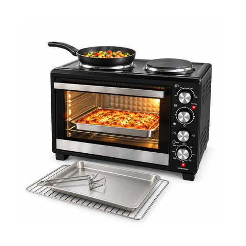 Elektrische oven van 40 l met dubbele elektrische plaat, grill, 5 kookstanden, timer van 120 minuten, 100-250 °C en deur met dubbel glas