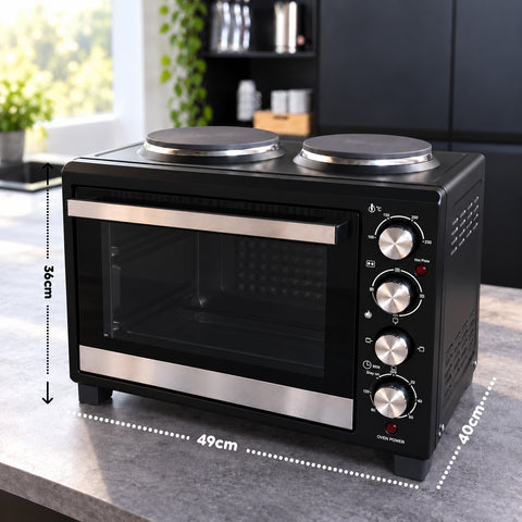 Elektrische oven van 40 l met dubbele elektrische plaat, grill, 5 kookstanden, timer van 120 minuten, 100-250 °C en deur met dubbel glas
