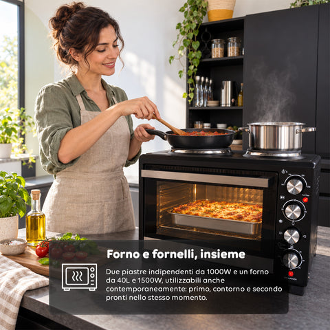 Elektrische oven van 40 l met dubbele elektrische plaat, grill, 5 kookstanden, timer van 120 minuten, 100-250 °C en deur met dubbel glas