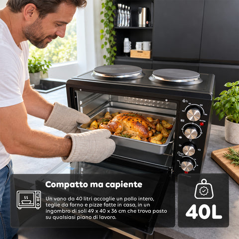 Elektrische oven van 40 l met dubbele elektrische plaat, grill, 5 kookstanden, timer van 120 minuten, 100-250 °C en deur met dubbel glas