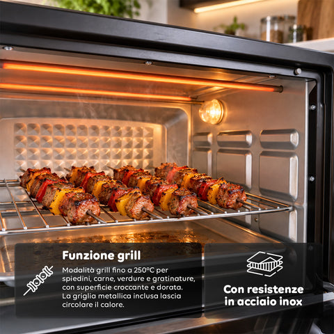Elektrische oven van 40 l met dubbele elektrische plaat, grill, 5 kookstanden, timer van 120 minuten, 100-250 °C en deur met dubbel glas
