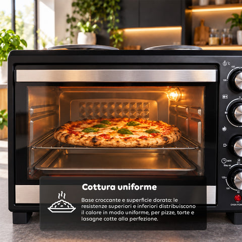 Elektrische oven van 40 l met dubbele elektrische plaat, grill, 5 kookstanden, timer van 120 minuten, 100-250 °C en deur met dubbel glas