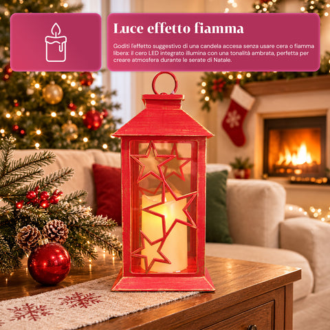Rode LED-kerstlantaarn 30 cm, kaars met vlameffect, om op te hangen of neer te zetten, 14x14x30 cm, 2 beschikbare decoraties: sterren of sneeuwvlokken