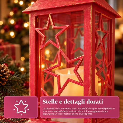 Rode LED-kerstlantaarn 30 cm, kaars met vlameffect, om op te hangen of neer te zetten, 14x14x30 cm, 2 beschikbare decoraties: sterren of sneeuwvlokken