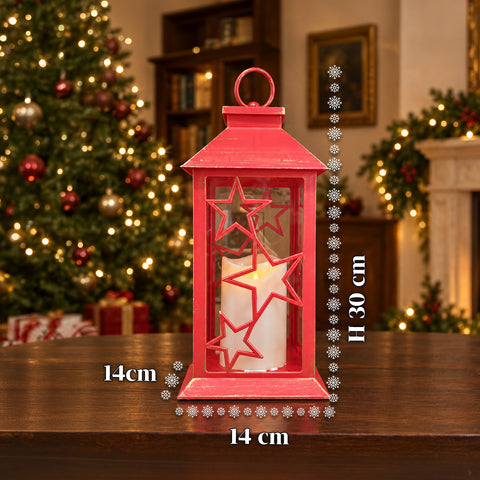 Rode LED-kerstlantaarn 30 cm, kaars met vlameffect, om op te hangen of neer te zetten, 14x14x30 cm, 2 beschikbare decoraties: sterren of sneeuwvlokken
