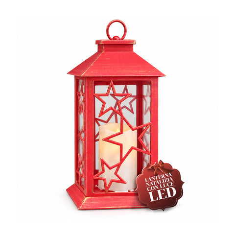 Rode LED-kerstlantaarn 30 cm, kaars met vlameffect, om op te hangen of neer te zetten, 14x14x30 cm, 2 beschikbare decoraties: sterren of sneeuwvlokken