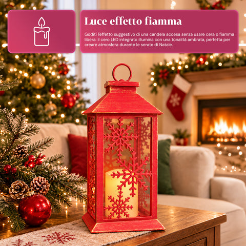 Rode LED-kerstlantaarn 30 cm, kaars met vlameffect, om op te hangen of neer te zetten, 14x14x30 cm, 2 beschikbare decoraties: sterren of sneeuwvlokken
