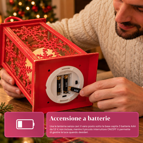 Rode LED-kerstlantaarn 30 cm, kaars met vlameffect, om op te hangen of neer te zetten, 14x14x30 cm, 2 beschikbare decoraties: sterren of sneeuwvlokken