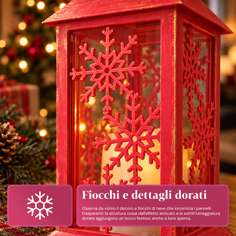 Rode LED-kerstlantaarn 30 cm, kaars met vlameffect, om op te hangen of neer te zetten, 14x14x30 cm, 2 beschikbare decoraties: sterren of sneeuwvlokken