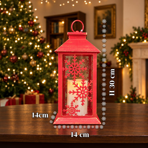 Rode LED-kerstlantaarn 30 cm, kaars met vlameffect, om op te hangen of neer te zetten, 14x14x30 cm, 2 beschikbare decoraties: sterren of sneeuwvlokken