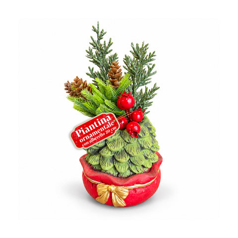 Decoratief boompje van 20 cm, kerstdecoratie voor op tafel met dennenappels, rode bessen en een verhoogde strik, 2 varianten rood en goud