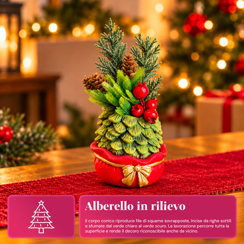 Decoratief boompje van 20 cm, kerstdecoratie voor op tafel met dennenappels, rode bessen en een verhoogde strik, 2 varianten rood en goud