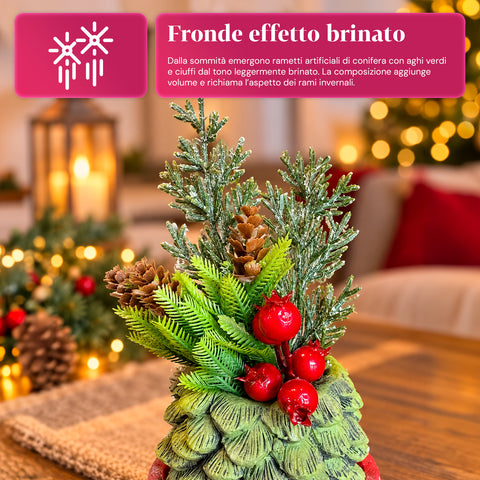 Decoratief boompje van 20 cm, kerstdecoratie voor op tafel met dennenappels, rode bessen en een verhoogde strik, 2 varianten rood en goud