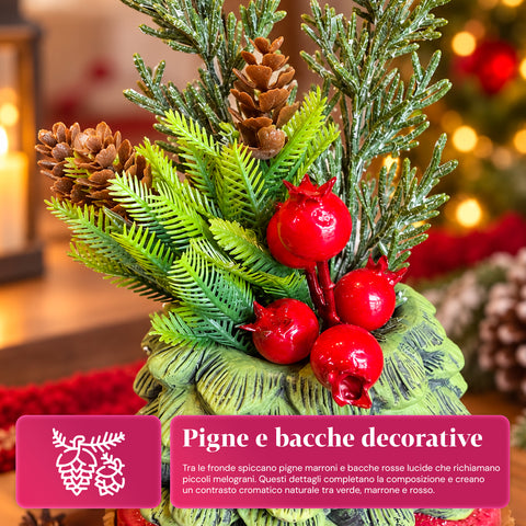 Decoratief boompje van 20 cm, kerstdecoratie voor op tafel met dennenappels, rode bessen en een verhoogde strik, 2 varianten rood en goud