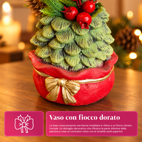 Decoratief boompje van 20 cm, kerstdecoratie voor op tafel met dennenappels, rode bessen en een verhoogde strik, 2 varianten rood en goud