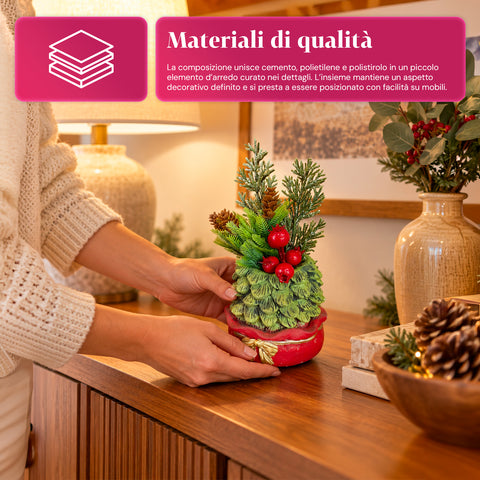 Decoratief boompje van 20 cm, kerstdecoratie voor op tafel met dennenappels, rode bessen en een verhoogde strik, 2 varianten rood en goud