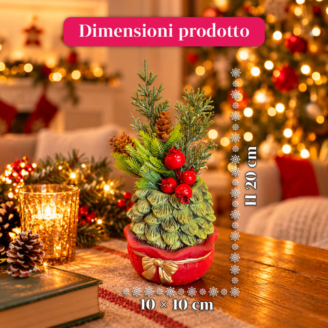 Decoratief boompje van 20 cm, kerstdecoratie voor op tafel met dennenappels, rode bessen en een verhoogde strik, 2 varianten rood en goud