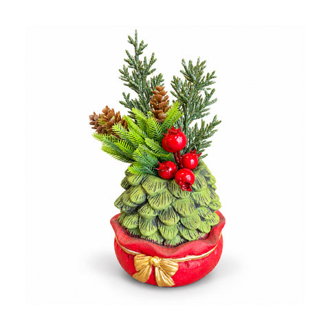 Decoratief boompje van 20 cm, kerstdecoratie voor op tafel met dennenappels, rode bessen en een verhoogde strik, 2 varianten rood en goud