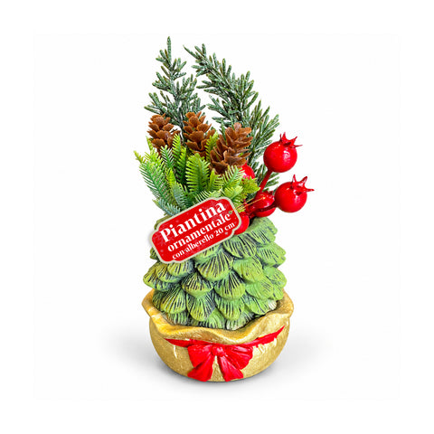 Decoratief boompje van 20 cm, kerstdecoratie voor op tafel met dennenappels, rode bessen en een verhoogde strik, 2 varianten rood en goud