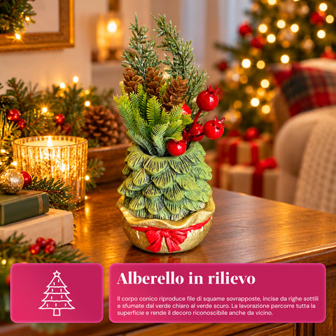 Decoratief boompje van 20 cm, kerstdecoratie voor op tafel met dennenappels, rode bessen en een verhoogde strik, 2 varianten rood en goud