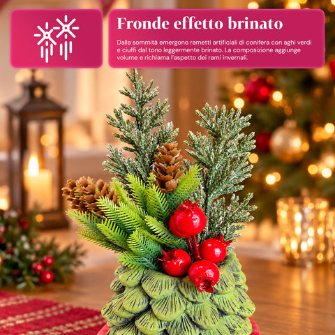 Decoratief boompje van 20 cm, kerstdecoratie voor op tafel met dennenappels, rode bessen en een verhoogde strik, 2 varianten rood en goud