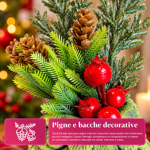Decoratief boompje van 20 cm, kerstdecoratie voor op tafel met dennenappels, rode bessen en een verhoogde strik, 2 varianten rood en goud