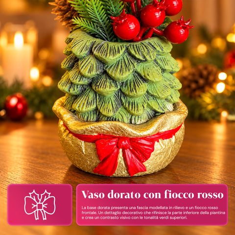 Decoratief boompje van 20 cm, kerstdecoratie voor op tafel met dennenappels, rode bessen en een verhoogde strik, 2 varianten rood en goud