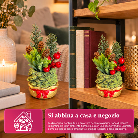 Decoratief boompje van 20 cm, kerstdecoratie voor op tafel met dennenappels, rode bessen en een verhoogde strik, 2 varianten rood en goud