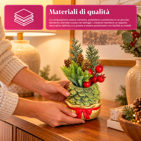 Decoratief boompje van 20 cm, kerstdecoratie voor op tafel met dennenappels, rode bessen en een verhoogde strik, 2 varianten rood en goud