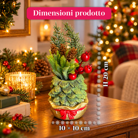Decoratief boompje van 20 cm, kerstdecoratie voor op tafel met dennenappels, rode bessen en een verhoogde strik, 2 varianten rood en goud