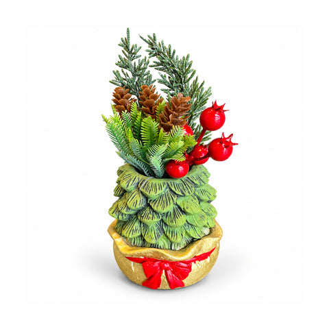 Decoratief boompje van 20 cm, kerstdecoratie voor op tafel met dennenappels, rode bessen en een verhoogde strik, 2 varianten rood en goud
