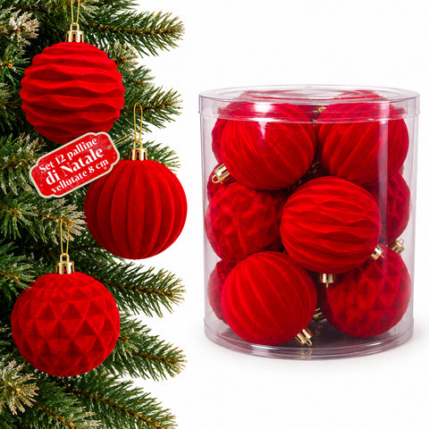 Set van 12 fluwelen kerstballen van 8 cm, drie verschillende texturen per verpakking, verkrijgbaar in 3 kleuren, matte ballen voor de kerstboom en decoratie
