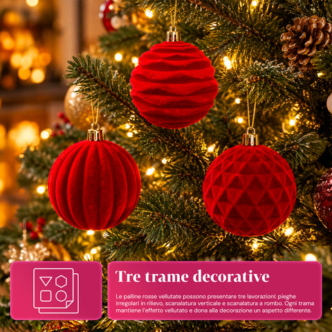 Set van 12 fluwelen kerstballen van 8 cm, drie verschillende texturen per verpakking, verkrijgbaar in 3 kleuren, matte ballen voor de kerstboom en decoratie