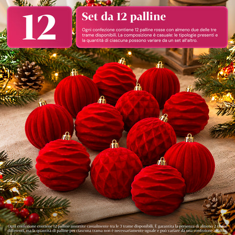 Set van 12 fluwelen kerstballen van 8 cm, drie verschillende texturen per verpakking, verkrijgbaar in 3 kleuren, matte ballen voor de kerstboom en decoratie