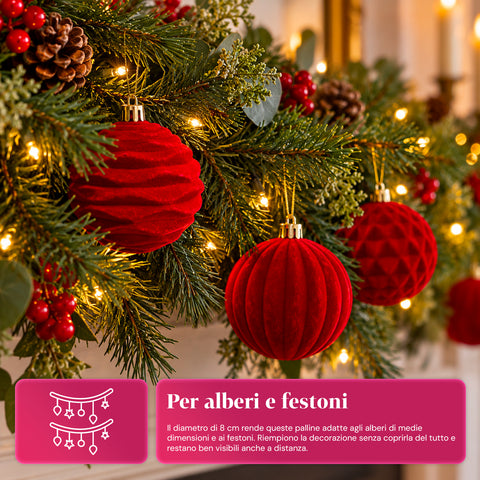 Set van 12 fluwelen kerstballen van 8 cm, drie verschillende texturen per verpakking, verkrijgbaar in 3 kleuren, matte ballen voor de kerstboom en decoratie