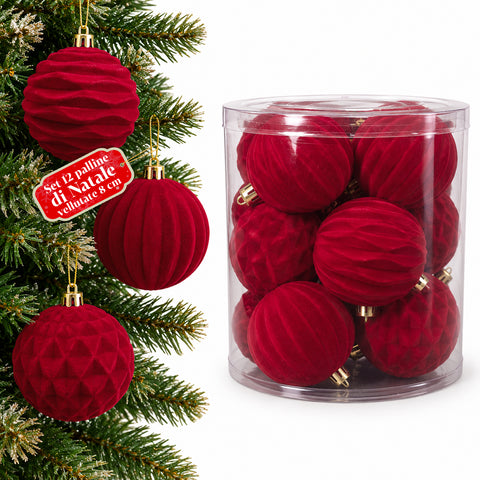 Set van 12 fluwelen kerstballen van 8 cm, drie verschillende texturen per verpakking, verkrijgbaar in 3 kleuren, matte ballen voor de kerstboom en decoratie