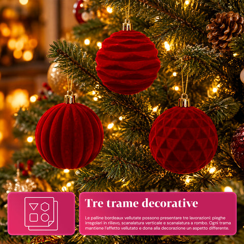 Set van 12 fluwelen kerstballen van 8 cm, drie verschillende texturen per verpakking, verkrijgbaar in 3 kleuren, matte ballen voor de kerstboom en decoratie