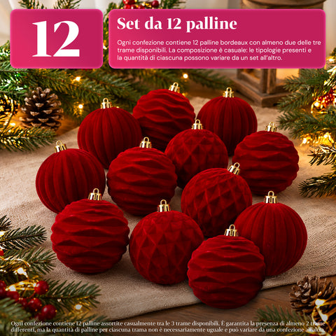 Set van 12 fluwelen kerstballen van 8 cm, drie verschillende texturen per verpakking, verkrijgbaar in 3 kleuren, matte ballen voor de kerstboom en decoratie