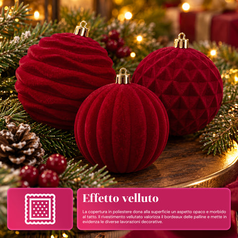 Set van 12 fluwelen kerstballen van 8 cm, drie verschillende texturen per verpakking, verkrijgbaar in 3 kleuren, matte ballen voor de kerstboom en decoratie