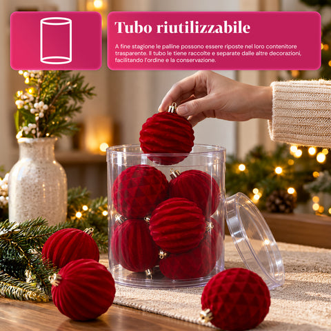 Set van 12 fluwelen kerstballen van 8 cm, drie verschillende texturen per verpakking, verkrijgbaar in 3 kleuren, matte ballen voor de kerstboom en decoratie