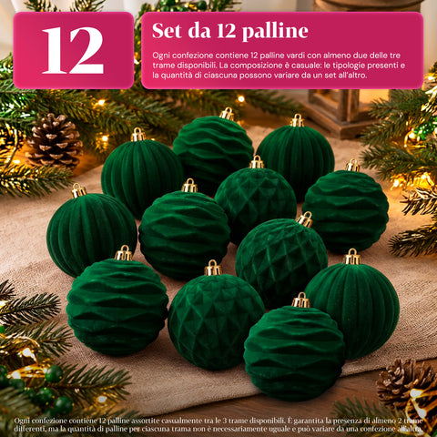 Set van 12 fluwelen kerstballen van 8 cm, drie verschillende texturen per verpakking, verkrijgbaar in 3 kleuren, matte ballen voor de kerstboom en decoratie