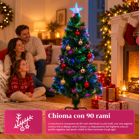 Kerstboom van glasvezel met lichteffecten en stervormige piek, 2 hoogtes van 120 en 180 cm, takken van pvc, voeding met transformator