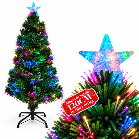 Kerstboom van glasvezel met lichteffecten en stervormige piek, 2 hoogtes van 120 en 180 cm, takken van pvc, voeding met transformator